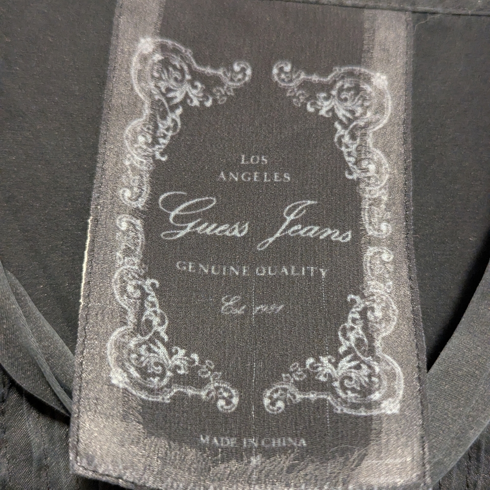 2/$50 Guess Jeans Silk Blouse Black Pintuck Lace Trim Puff Sleeve Top Size S - Picture 4 of 5